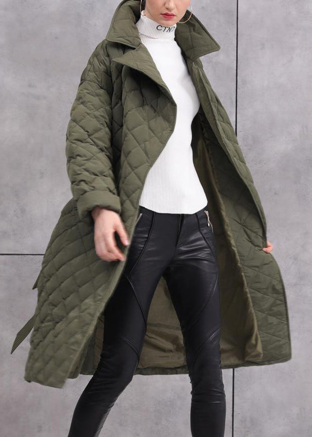 Women Army Green Tie Waist Pockets Duck Down Coat Long Sleeve