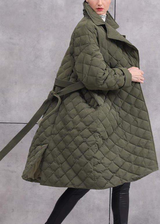 Women Army Green Tie Waist Pockets Duck Down Coat Long Sleeve