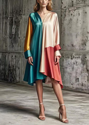 Women Asymmetrical Patchwork Silk Day Dress Spring