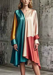 Women Asymmetrical Patchwork Silk Day Dress Spring