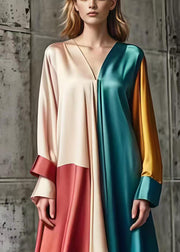 Women Asymmetrical Patchwork Silk Day Dress Spring