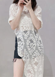 Women Beige Asymmetrical Hollow Out Lace Tops Summer