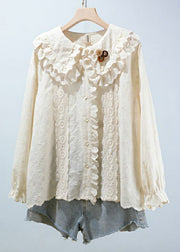 Women Beige Embroideried Button Cotton Blouses Long Sleeve