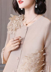 Women Beige Floral Wrinkled Button A Line Dress Summer