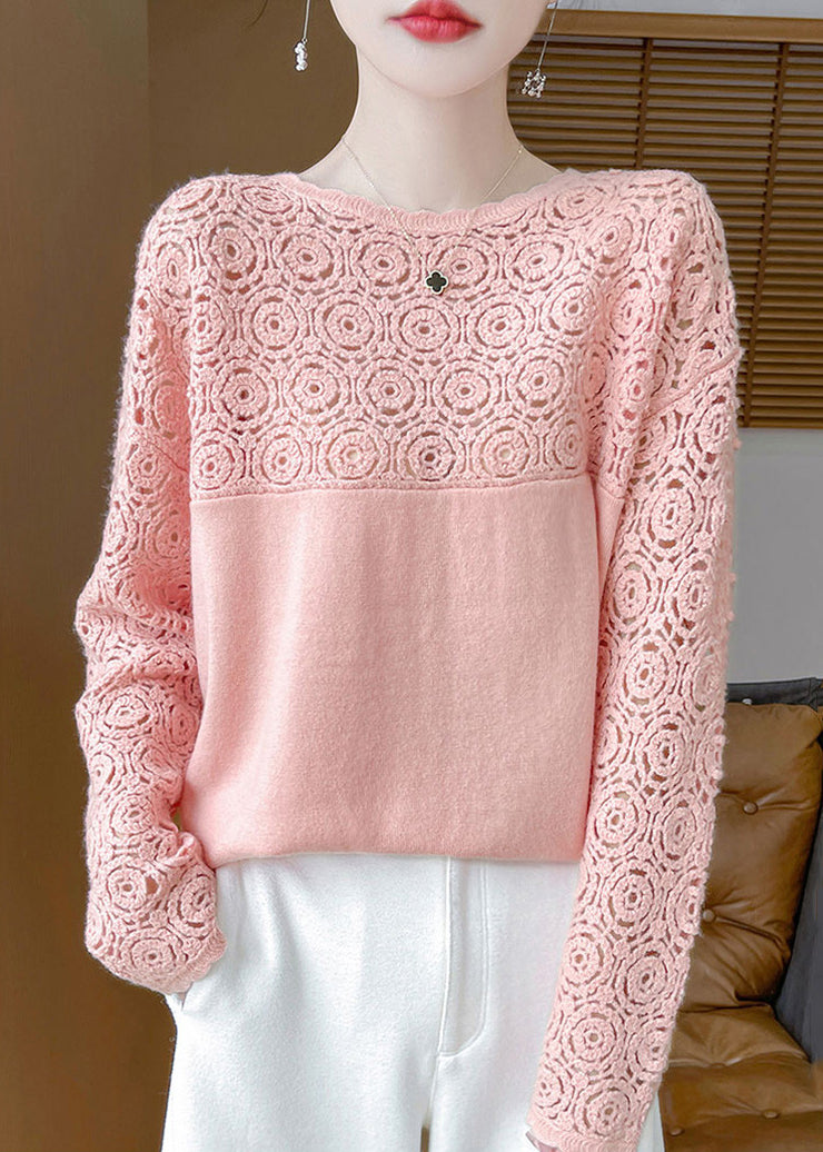 Women Beige Hollow Out Solid Wool Knit Sweater Winter