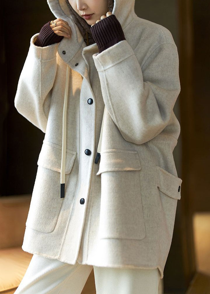 Women Beige Hooded Pockets Patchwork Wool Coat Spring