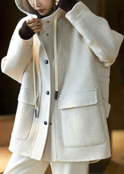 Women Beige Hooded Pockets Patchwork Wool Coat Spring