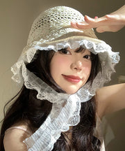 Women Beige Lace Hollow Out Straw Woven Floppy Sun Hat