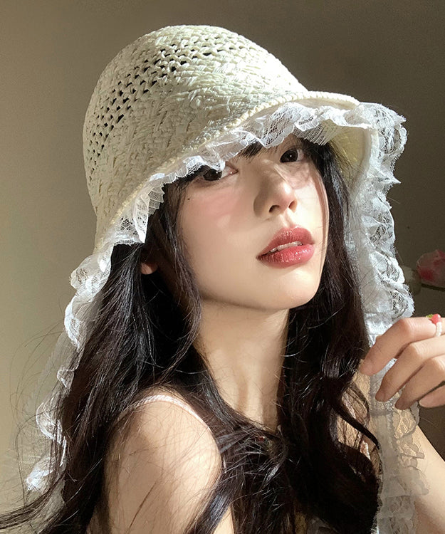 Women Beige Lace Hollow Out Straw Woven Floppy Sun Hat