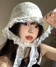 Women Beige Lace Hollow Out Straw Woven Floppy Sun Hat