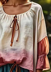 Women Beige Lace Up Patchwork Cotton Tops Fall