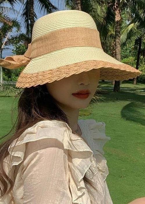 Women Beige Lace Up Patchwork Straw Woven Bucket Hat