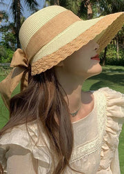 Women Beige Lace Up Patchwork Straw Woven Bucket Hat