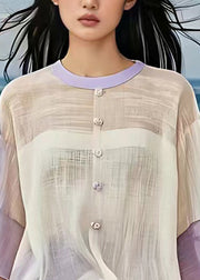 Women Beige O Neck Button Patchwork Cotton Shirt Half Sleeve