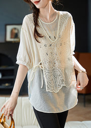 Women Beige O Neck Lace Patchwork False Two Pieces Chiffon Top Summer