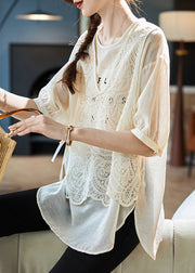 Women Beige O Neck Lace Patchwork False Two Pieces Chiffon Top Summer