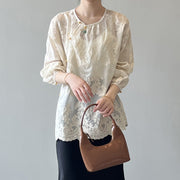 Women Beige O-Neck Print Chiffon Shirts Long Sleeve