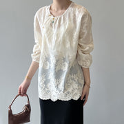 Women Beige O-Neck Print Chiffon Shirts Long Sleeve