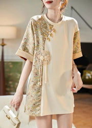 Women Beige O-Neck Print Tassel Button Shirts Short Sleeve