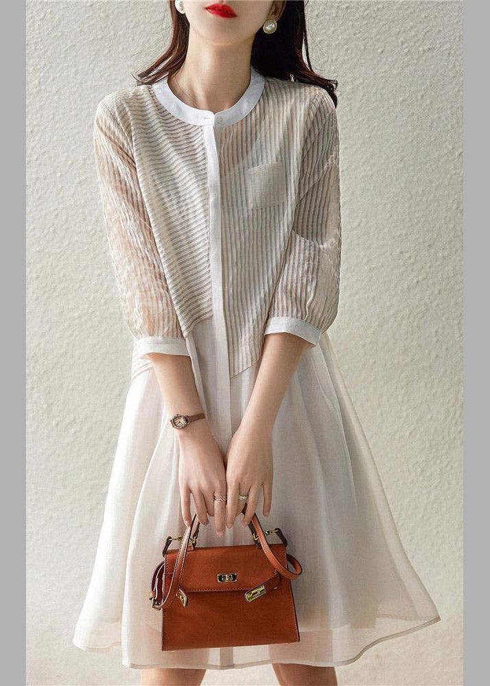 Women Beige O-Neck Striped Pockets Fake Two Pieces Tulle Dresses Long Sleeve