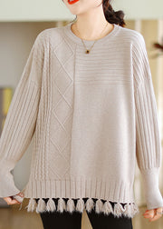 Women Beige O-Neck Tasseled Cotton Knit Tops Long Sleeve