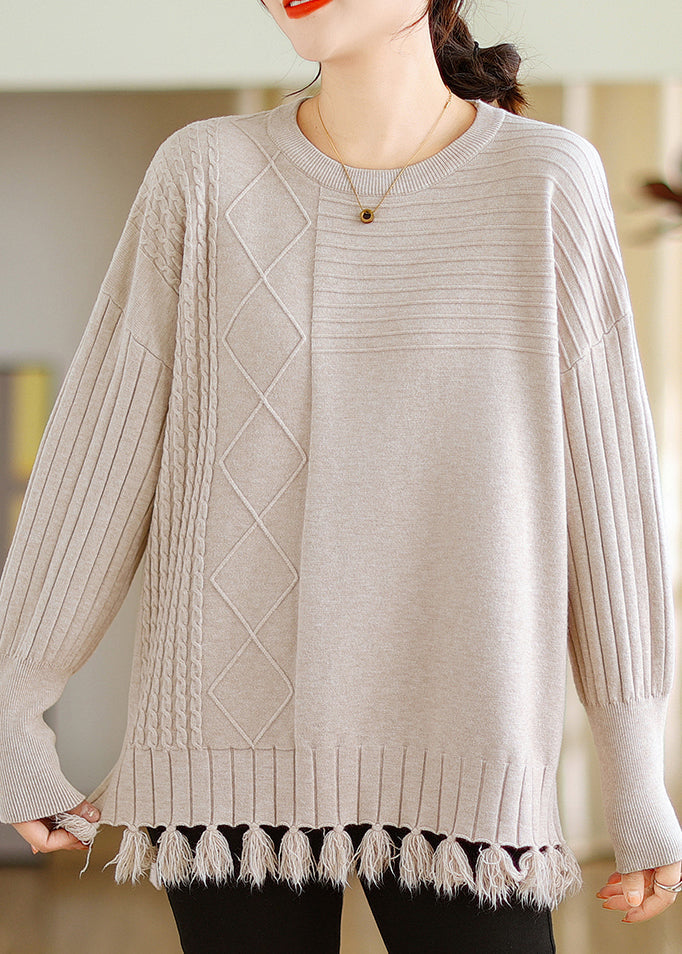 Women Beige O-Neck Tasseled Cotton Knit Tops Long Sleeve