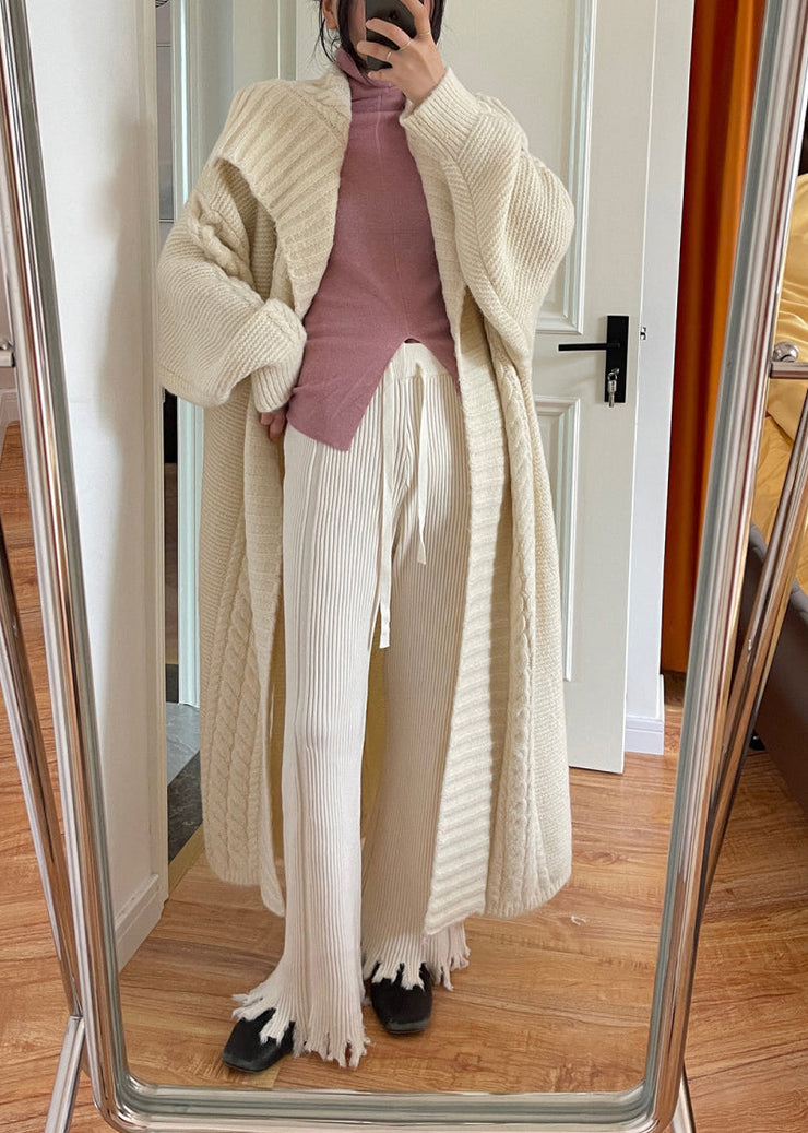 Women Beige Peter Pan Collar Cozy Cotton Knit Long Cardigan Long Sleeve