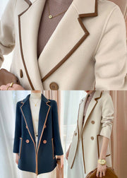 Women Beige Peter Pan Collar Double Breast Woolen Coat Fall