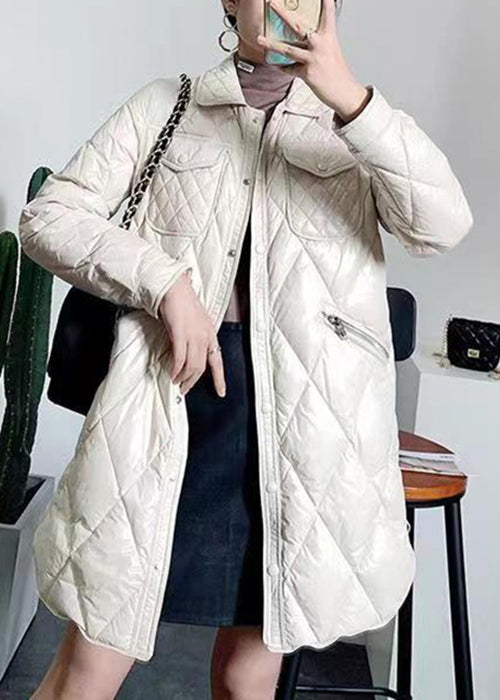 Women Beige Peter Pan Collar Pockets Patchwork Duck Down Coat Winter