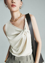 Women Beige Slanted Collar Cinched Tops Sleeveless