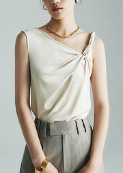 Women Beige Slanted Collar Cinched Tops Sleeveless