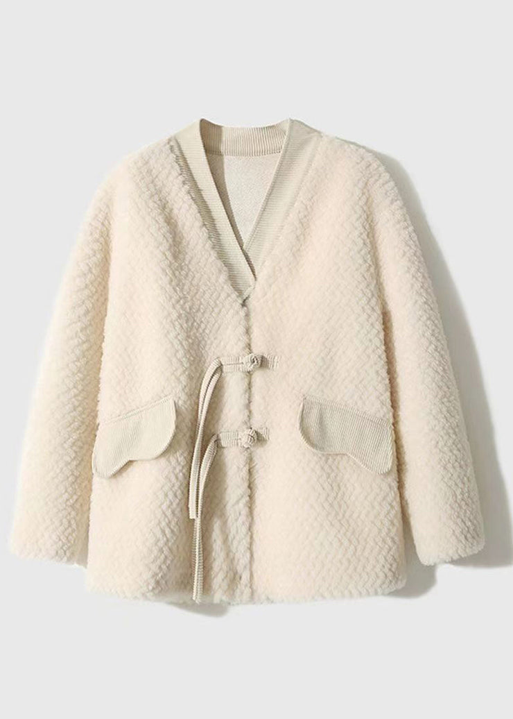 Women Beige Tasseled Chinese Button Patchwork Wool Coats Winter