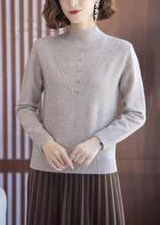 Women Beige Turtleneck Solid Wool Knit Tops Long Sleeve