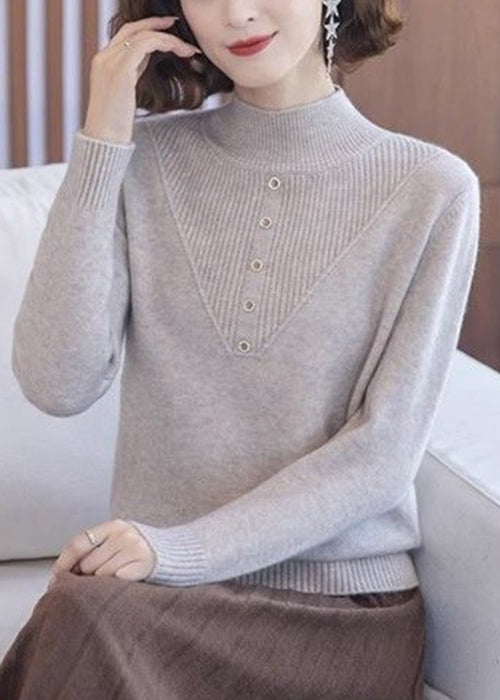 Women Beige Turtleneck Solid Wool Knit Tops Long Sleeve