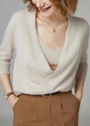 Women Beige V Neck Button Patchwork Woolen Knit Cardigan Fall