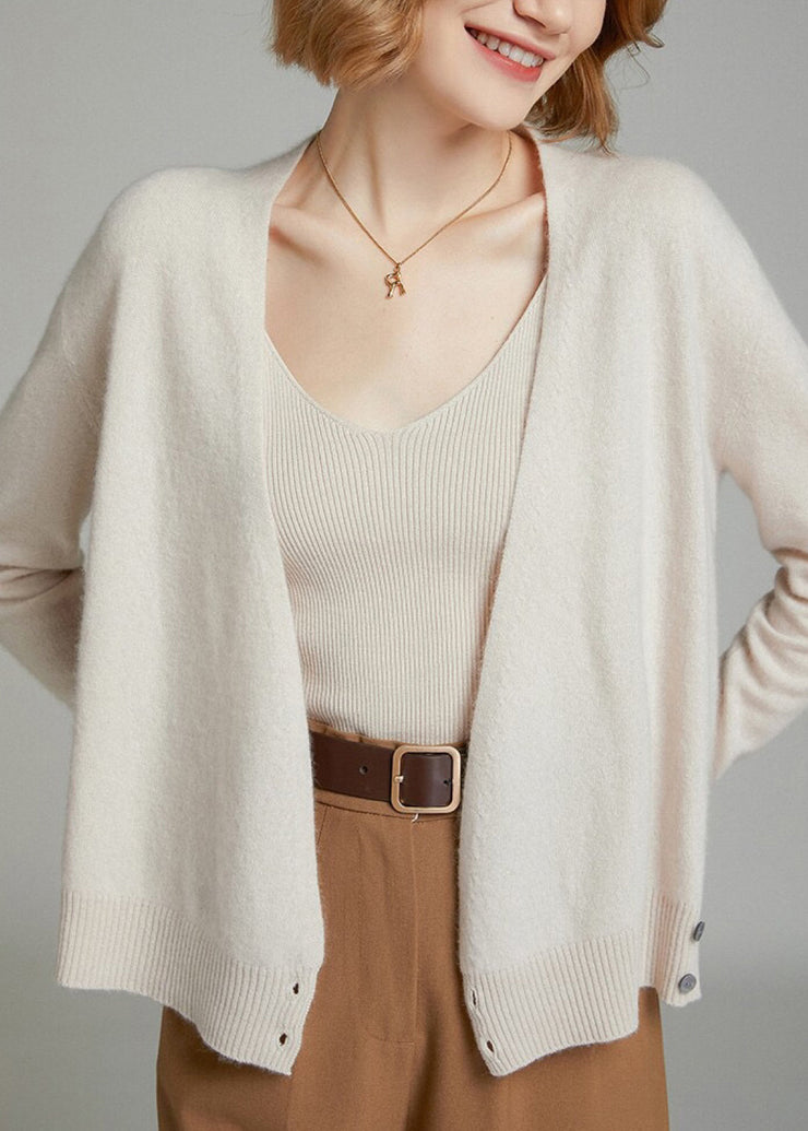 Women Beige V Neck Button Patchwork Woolen Knit Cardigan Fall