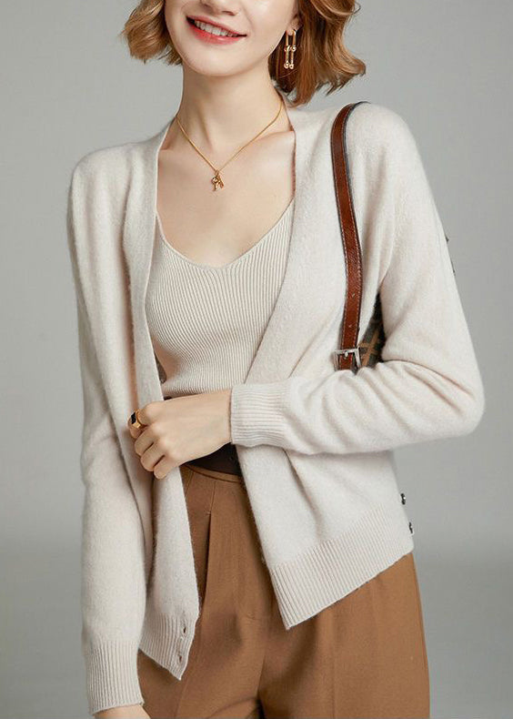 Women Beige V Neck Button Patchwork Woolen Knit Cardigan Fall