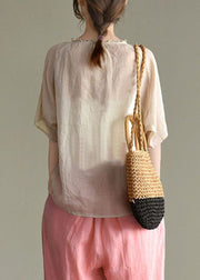 Women Beige V Neck Embroideried Patchwork Linen Top Summer