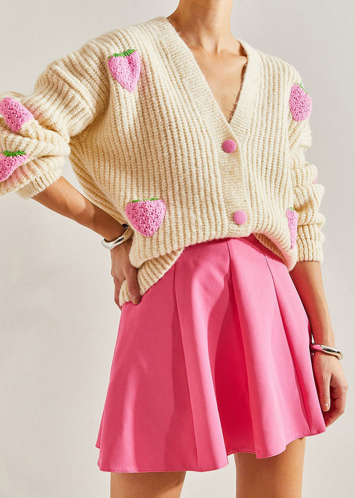 Women Beige V Neck Hook Flower Knit Cardigan Fall