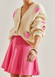 Women Beige V Neck Hook Flower Knit Cardigan Fall