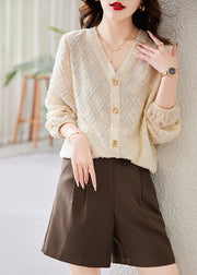 Women Beige V Neck Letter Cotton Blouses Spring