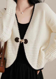 Women Beige V Neck Woolen Knit Cardigan Fall