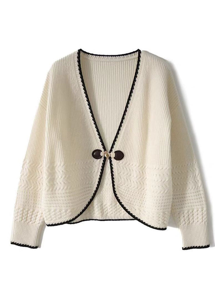 Women Beige V Neck Woolen Knit Cardigan Fall