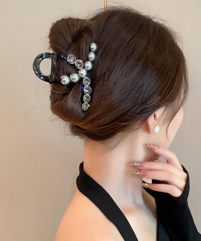 Women Black Alloy Zircon Pearl Resin Hairpin