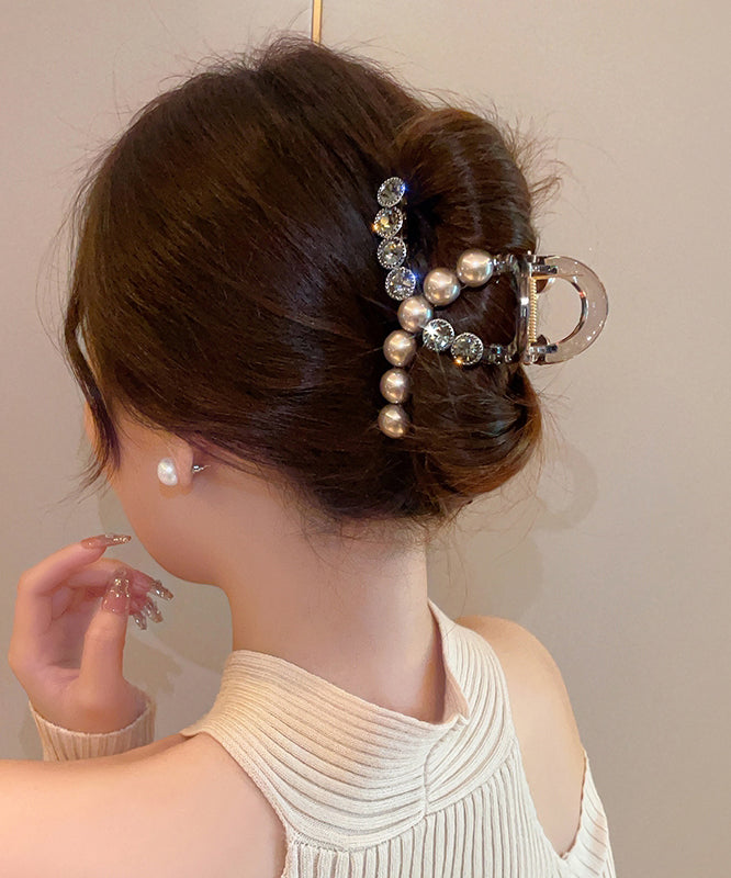 Women Black Alloy Zircon Pearl Resin Hairpin