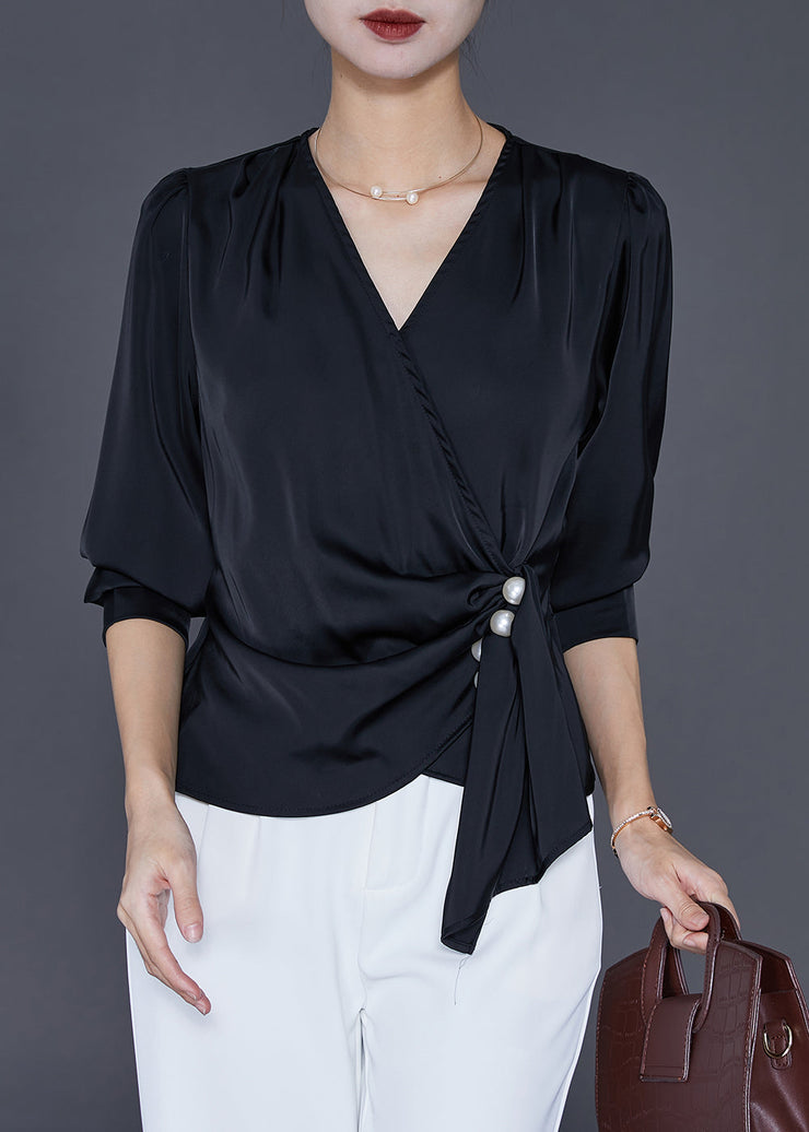 Women Black Asymmetrical Draping Silk Shirt Tops Fall