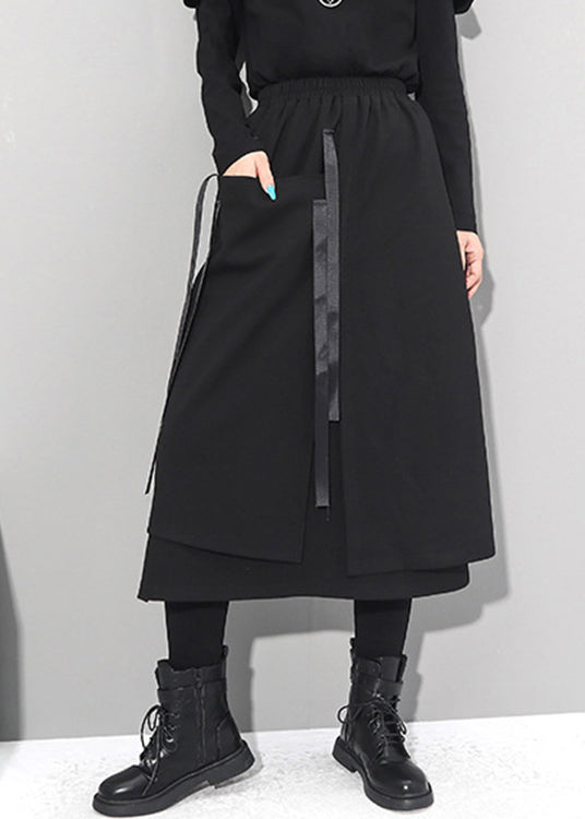 Women Black Asymmetrical Patchwork Pockets Elastic Waist Skirts Fall