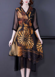 Women Black Asymmetrical Patchwork Print Silk Dress Summer