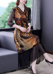 Women Black Asymmetrical Patchwork Print Silk Dress Summer