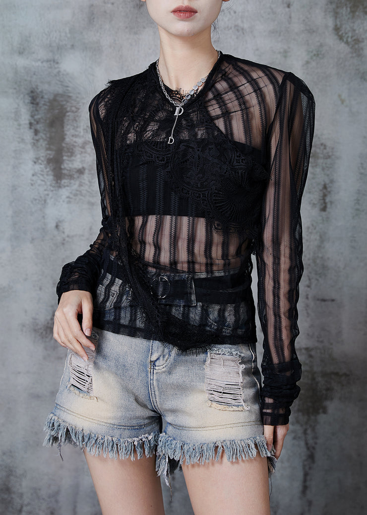 Women Black Asymmetrical Patchwork Tulle Eyelash Tops Fall